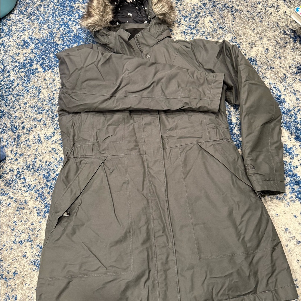 North Face Gray Goose Down Parka with Faux Fur Hood